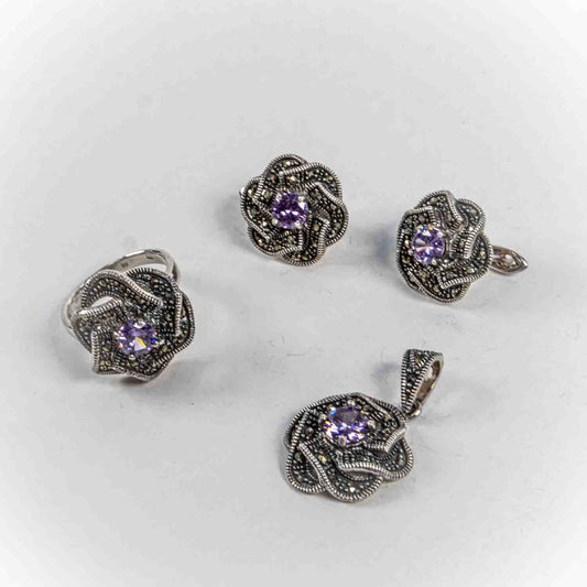 Set Bijuterii STILL Argint 925 - Pandantiv,  Inel,  Cercei, Ametist si Marcasite, Marime Inel 8, Violet