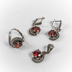 Set Bijuterii STILL Argint 925 - Pandantiv,  Inel,  Cercei, Granit si Marcasite, Marime Inel 7, Rosu
