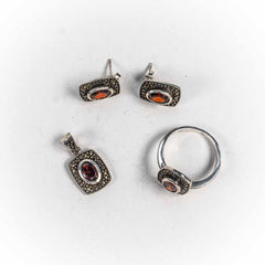 Set Bijuterii STILL Argint 925 - Pandantiv,  Inel,  Cercei, Granit si Marcasite, Marime Inel 8, Rosu