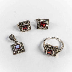 Set Bijuterii STILL Argint 925 - Pandantiv,  Inel,  Cercei, Granit si Marcasite, Marime Inel 9, Rosu