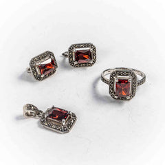 Set Bijuterii STILL Argint 925 - Pandantiv,  Inel,  Cercei, Granit si Marcasite, Marime Inel 7, Rosu