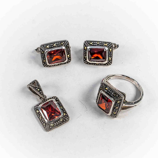Set Bijuterii STILL Argint 925 - Pandantiv,  Inel,  Cercei, Granit si Marcasite, Marime Inel 7, Rosu