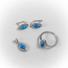 Set Bijuterii STILL Argint 925 - Pandantiv,  Inel,  Cercei, Opal, Marime Inel 7, Albastru