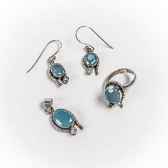 Set Bijuterii STILL Argint 925 - Pandantiv,  Inel,  Cercei, Calcedonia, Inel Reglabil, Albastru Deschis