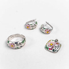 Set Bijuterii STILL Argint 925 - Pandantiv,  Inel,  Cercei, Email, Marime Inel 9,5, Verde