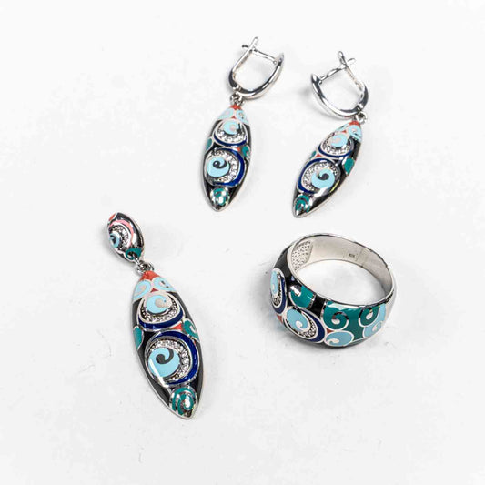 Set Bijuterii STILL Argint 925 - Pandantiv,  Inel,  Cercei, Email, Marime Inel 9,5, Multicolor