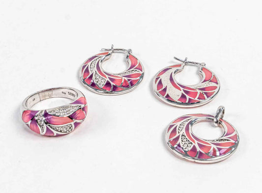 Set Bijuterii STILL Argint 925 - Pandantiv,  Inel,  Cercei, Email si Zirconia, Marime Inel 8, Rosu