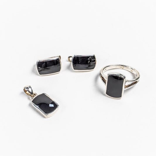 Set Bijuterii STILL Argint 925 - Pandantiv,  Inel,  Cercei, Onix,Marime Inel 6.5, Negru