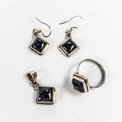 Set Bijuterii STILL Argint 925 - Pandantiv,  Inel,  Cercei, Onix,Marime Inel 7, Negru