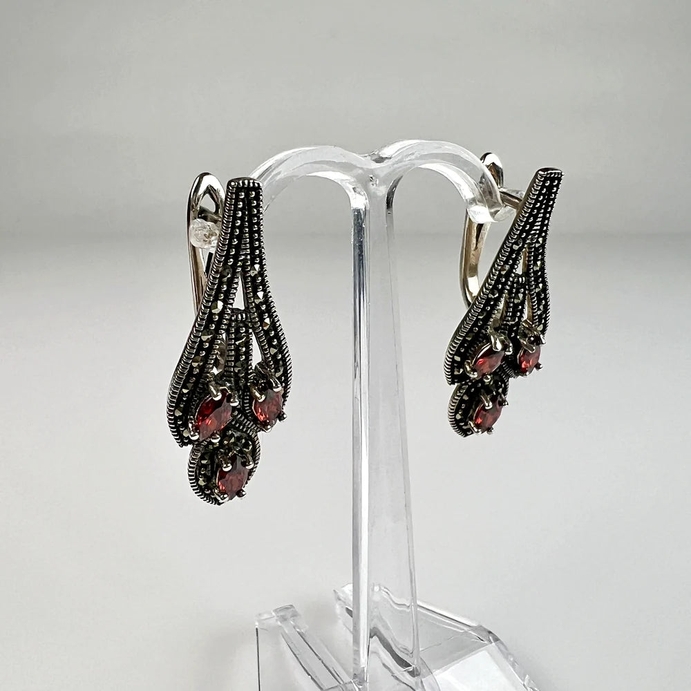 Cercei lungi marcasite prindere leverback argint 925 - vedere 1