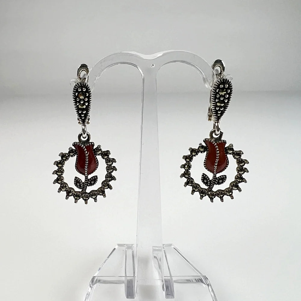 Cercei lungi marcasite cu prindere leverback din argint 925 - vedere 2