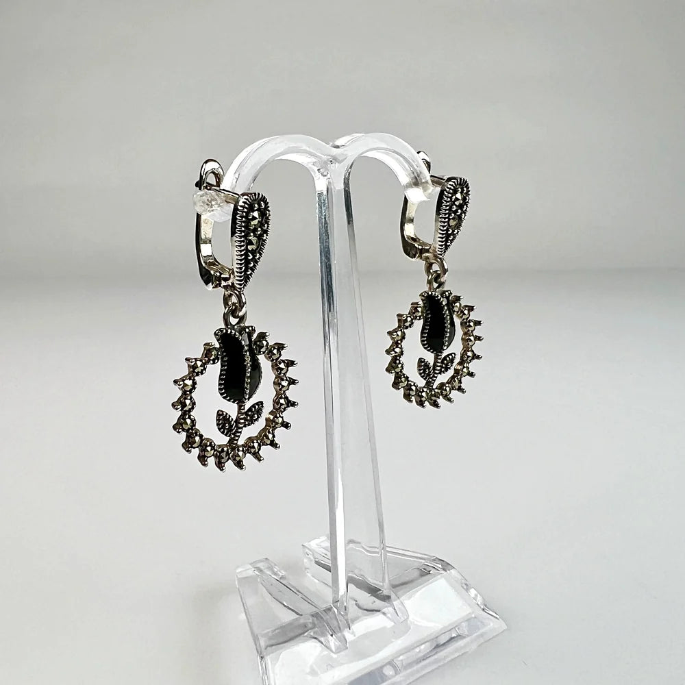 Cercei lungi marcasite leverback din argint 925 - 33mm - vedere 1