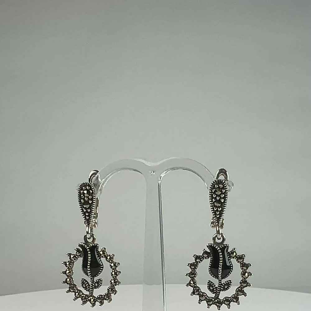 Cercei lungi marcasite leverback din argint 925 - 33mm - video prezentare